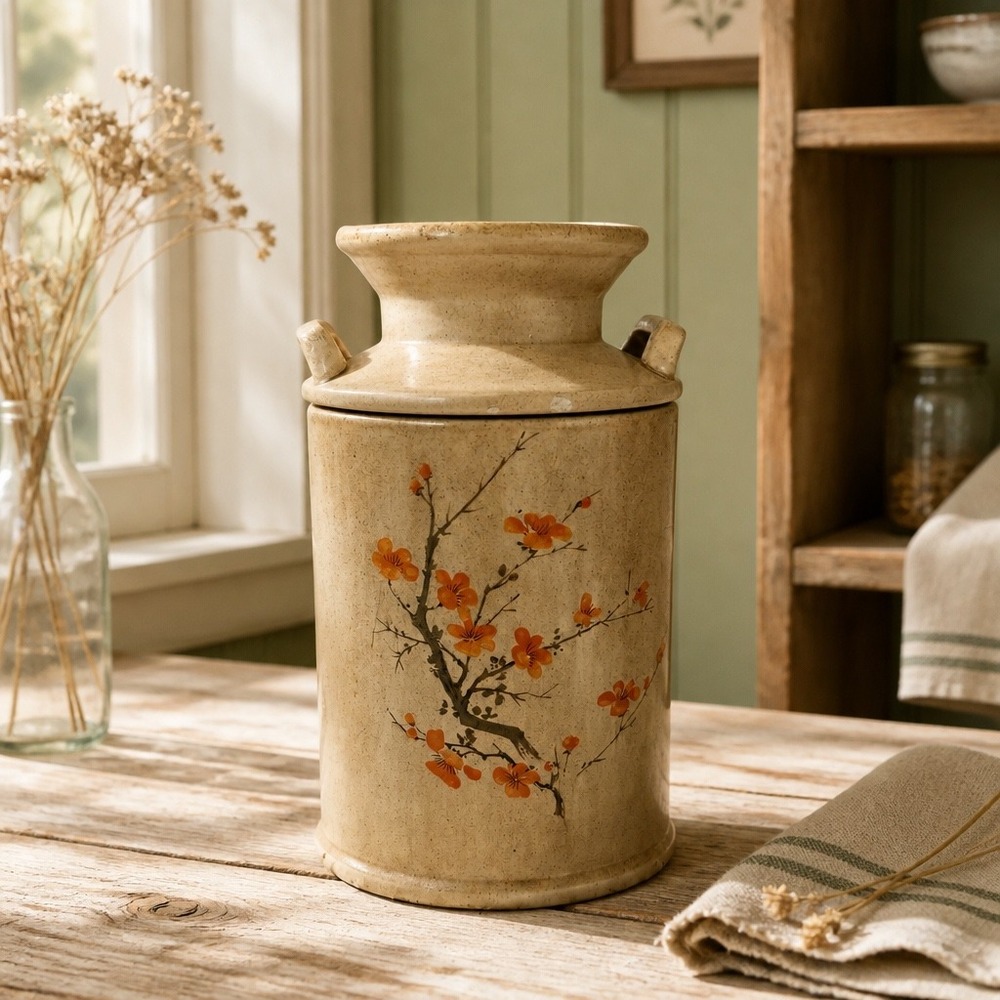Vintage Ceramic Milk Can Canister 9x5 Tan Orange Cherry Blossom Farmhouse Decor